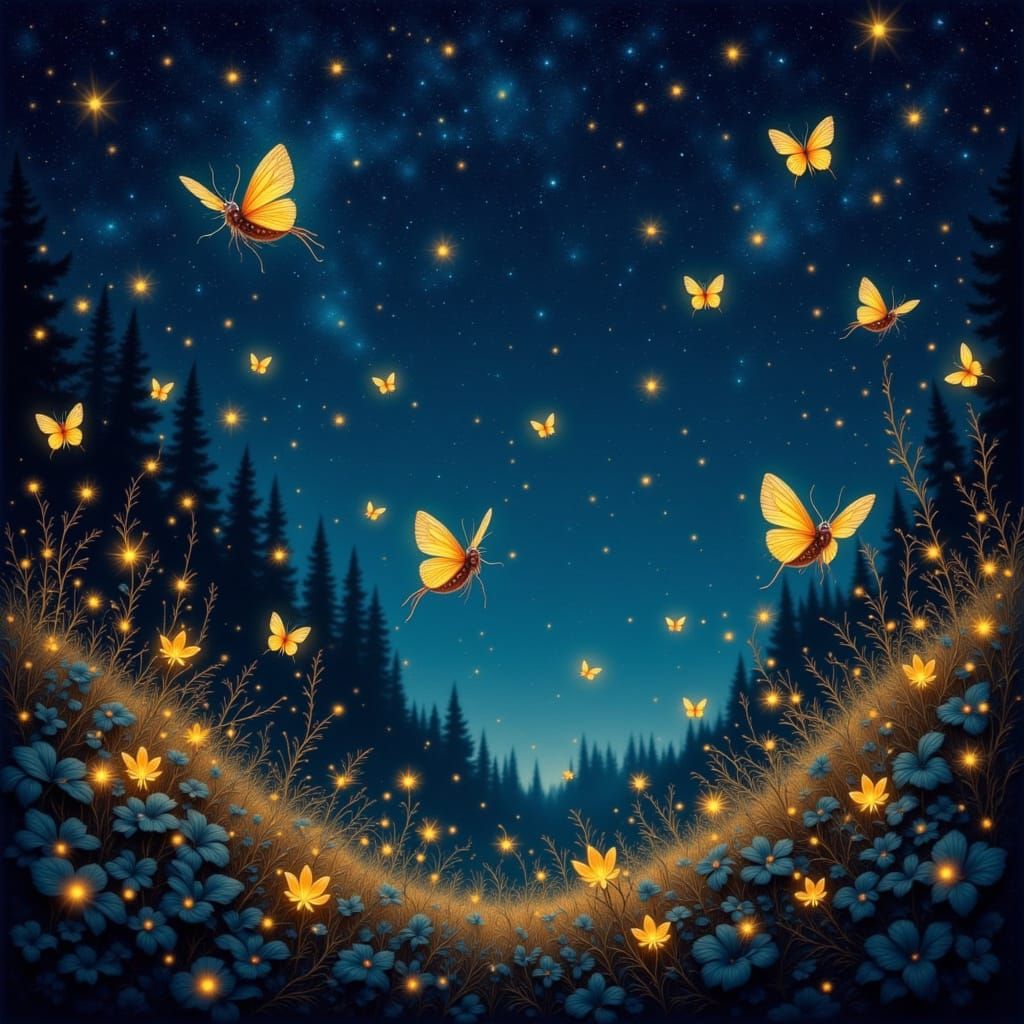 Magical Night Scene with Glowing Fireflies and Starry Sky