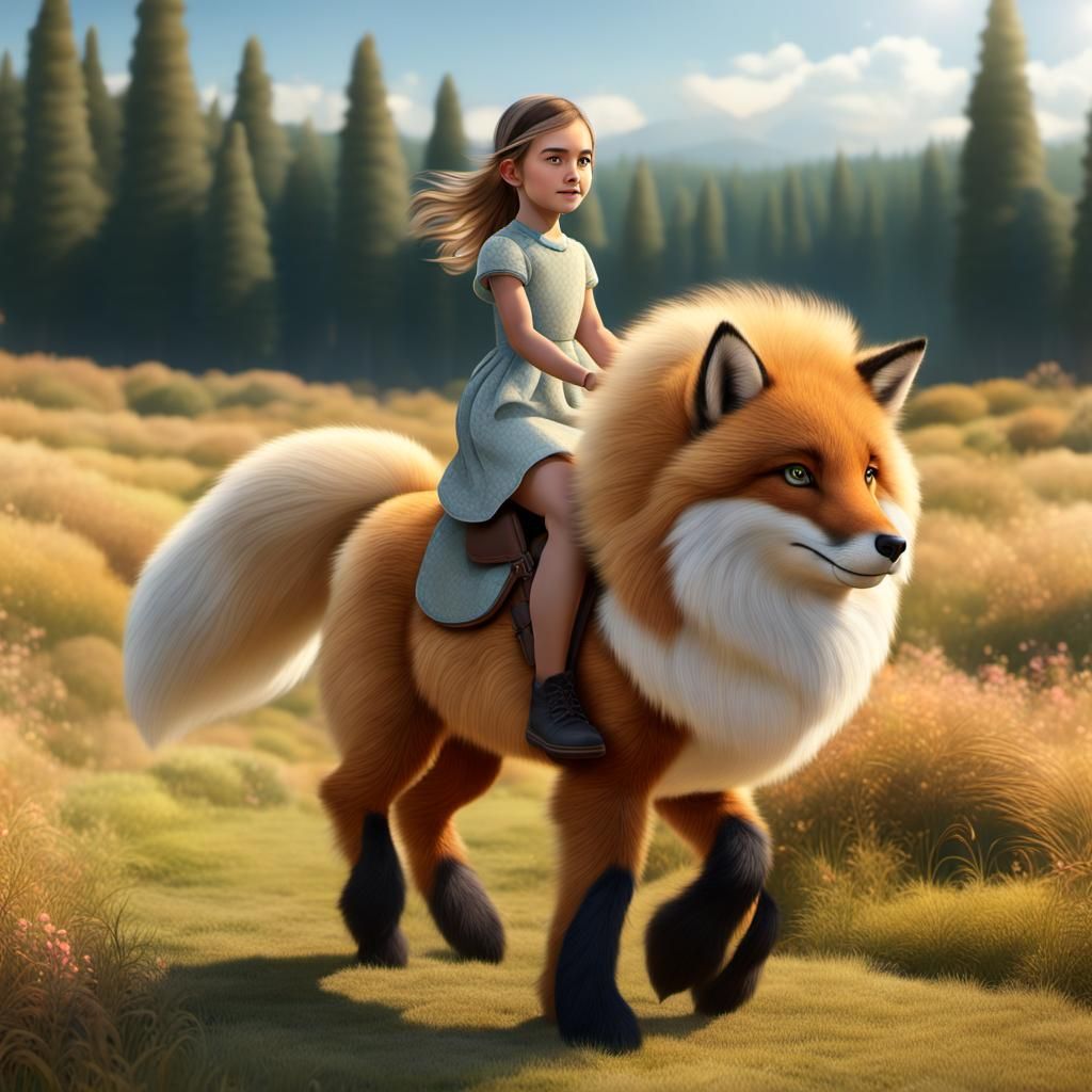 Girl Rides Giant Fox Pony in Art Nouveau Style