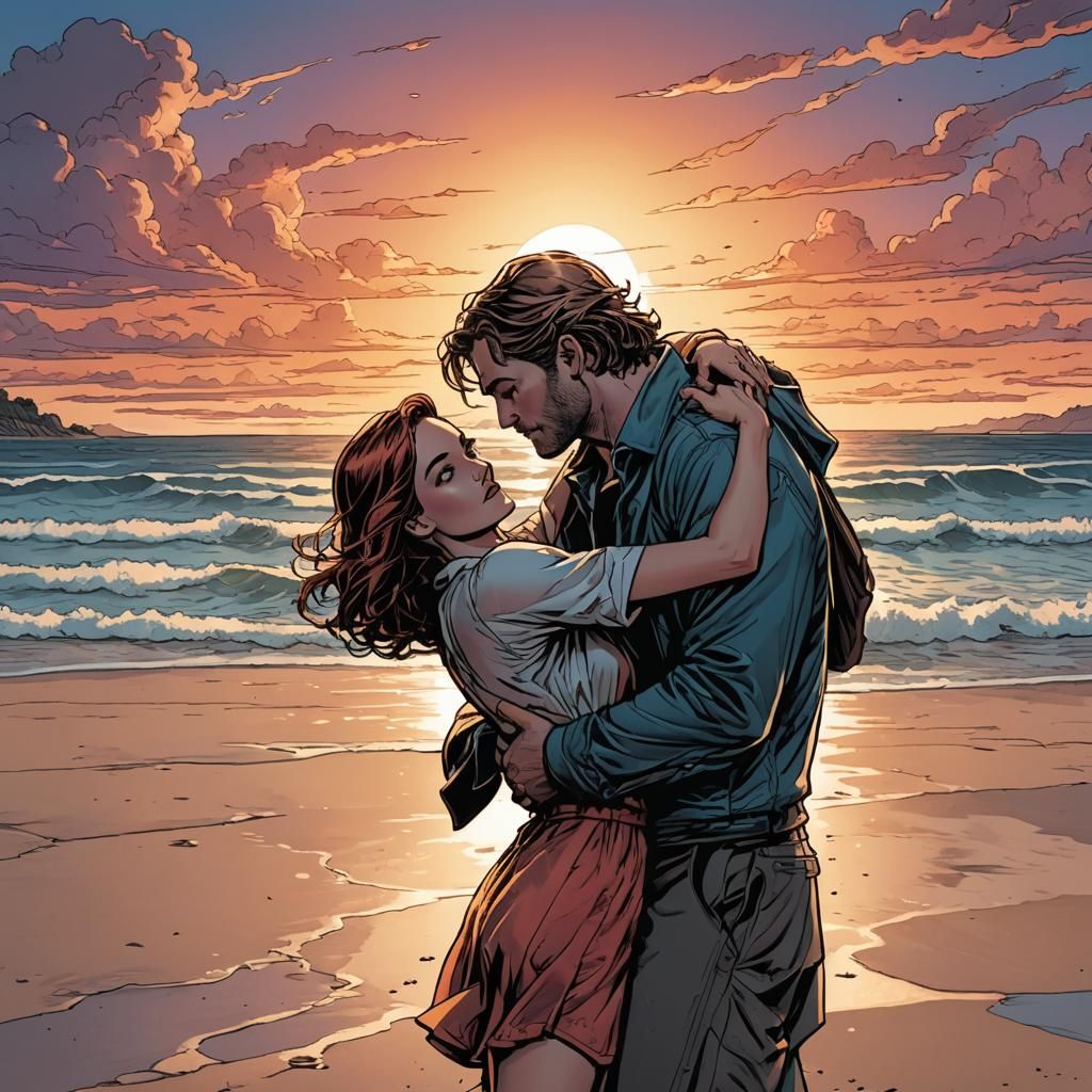 Romantic Sunset Embrace in Comic Book Style