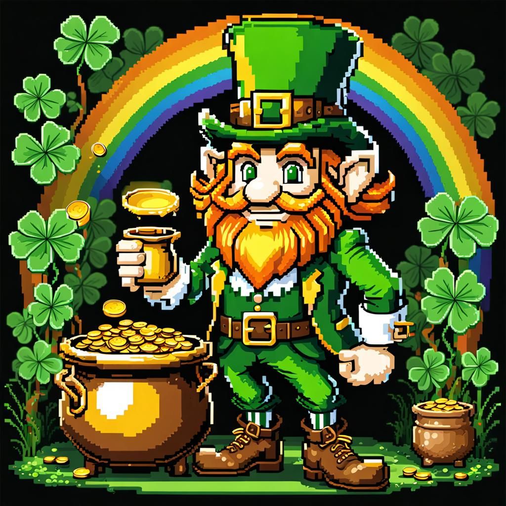 Leprechaun with Pot of Gold in 8-bit Pixel Art