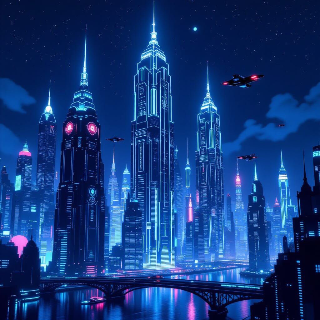 Futuristic Art Deco Cityscape at Night
