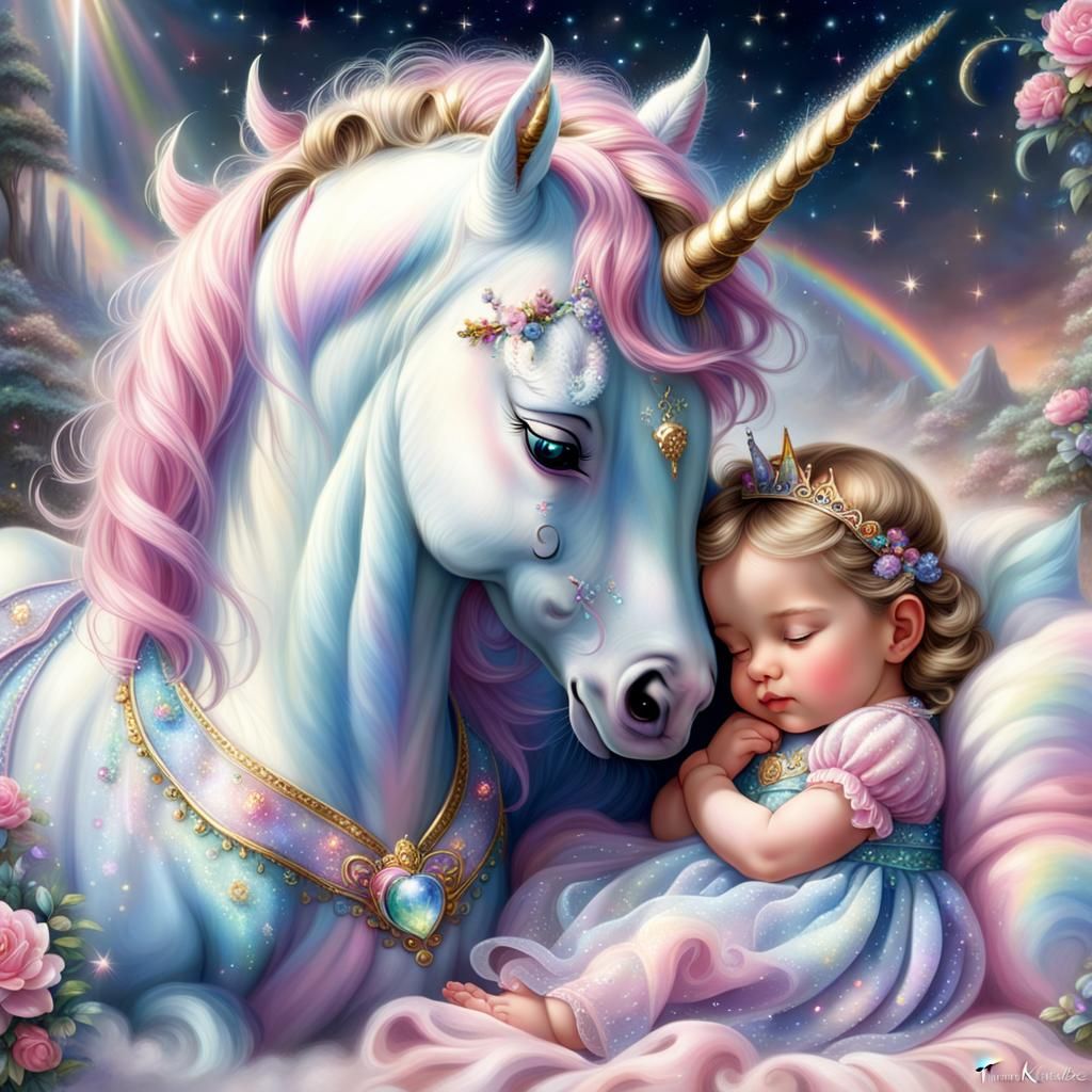 Baby Princess and Magical Unicorn in Ethereal Fantasy Style