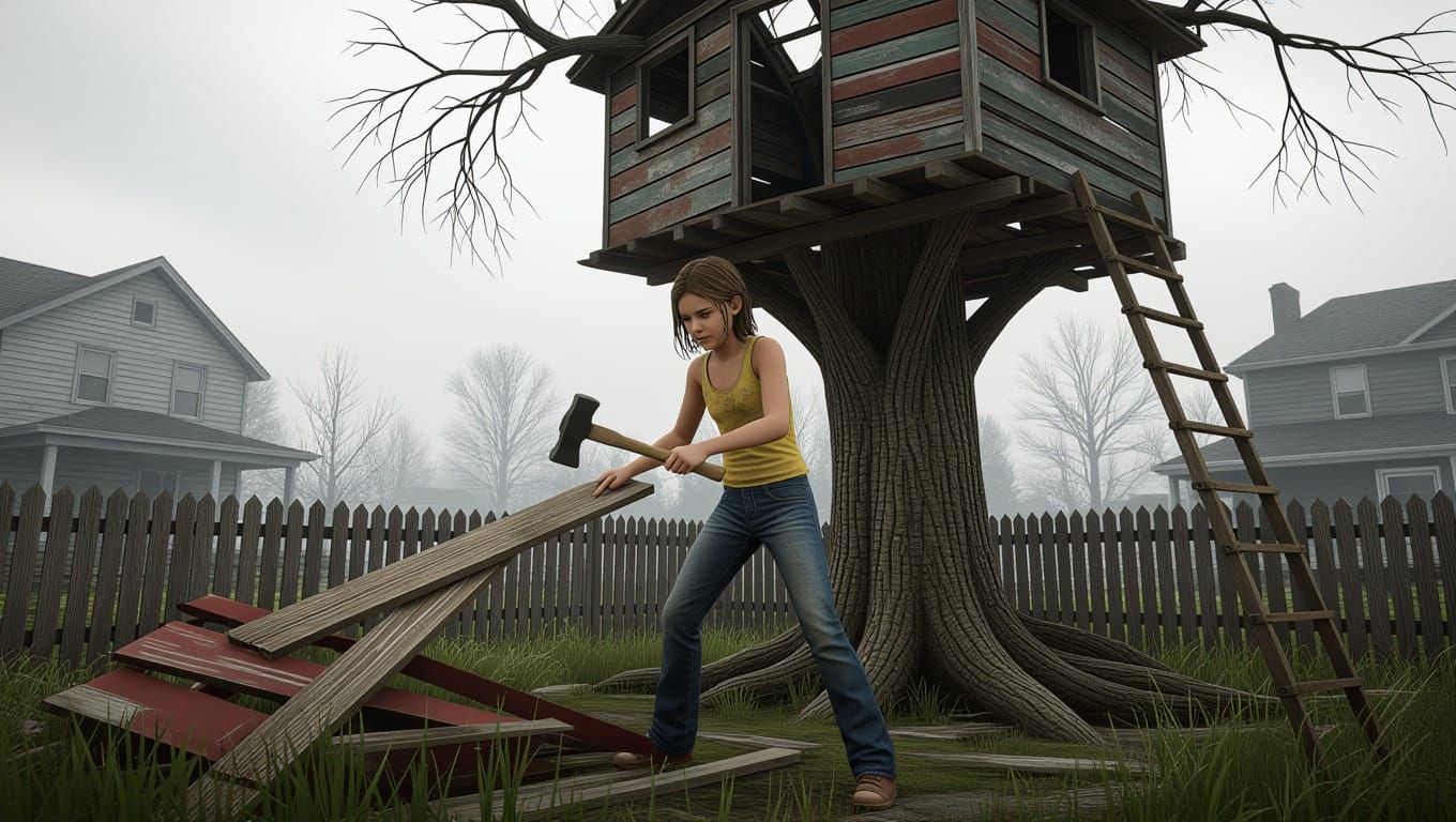 Treehouse Amidst Ruins in Post-Apocalyptic Suburban America