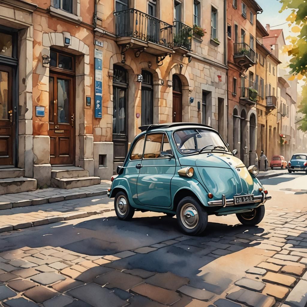 1955 BMW Isetta on Cobblestone Street: Watercolor Illustrati...