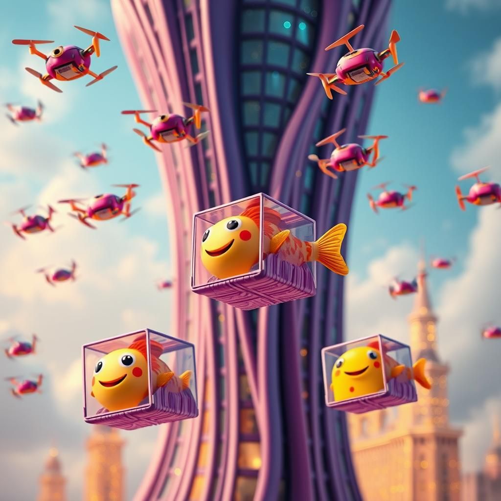 Cartoon Fish Packaging Ascending Maquette Skyscraper