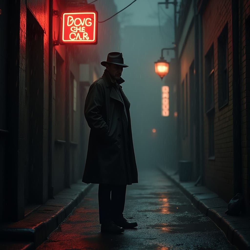 Rainy Night Detective in a Gritty Alleyway