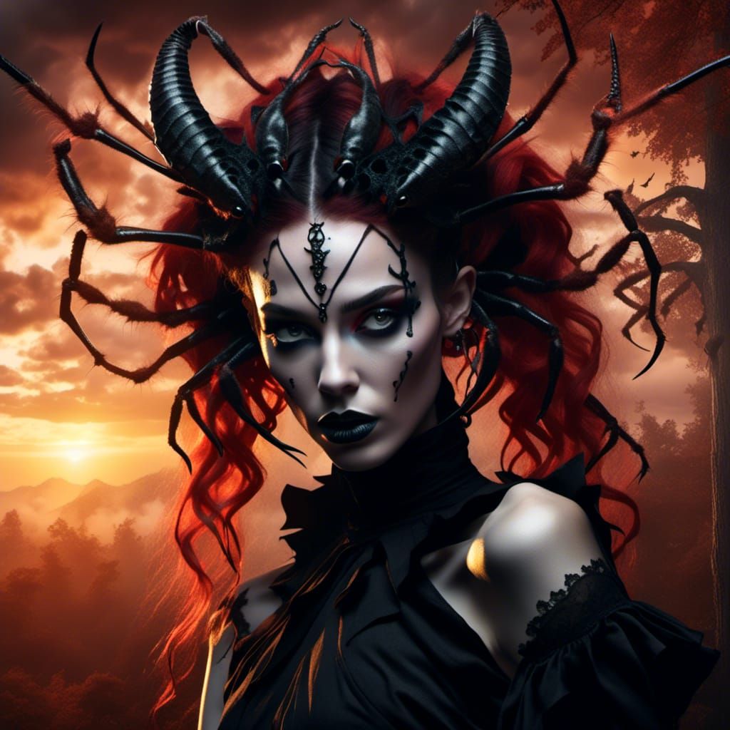 Spider-Woman Chimera in Dark Forest Sunset