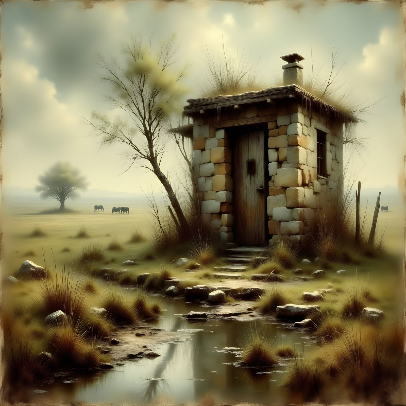 Riverstone Outhouse in a Farm Field Landscape