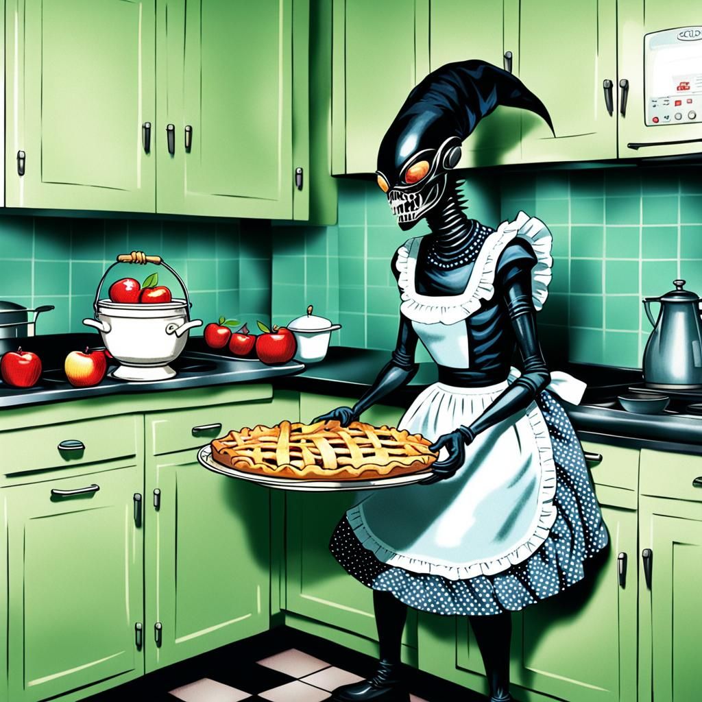 Xenomorph Housewife Baking Pie in 1950s Kitchen