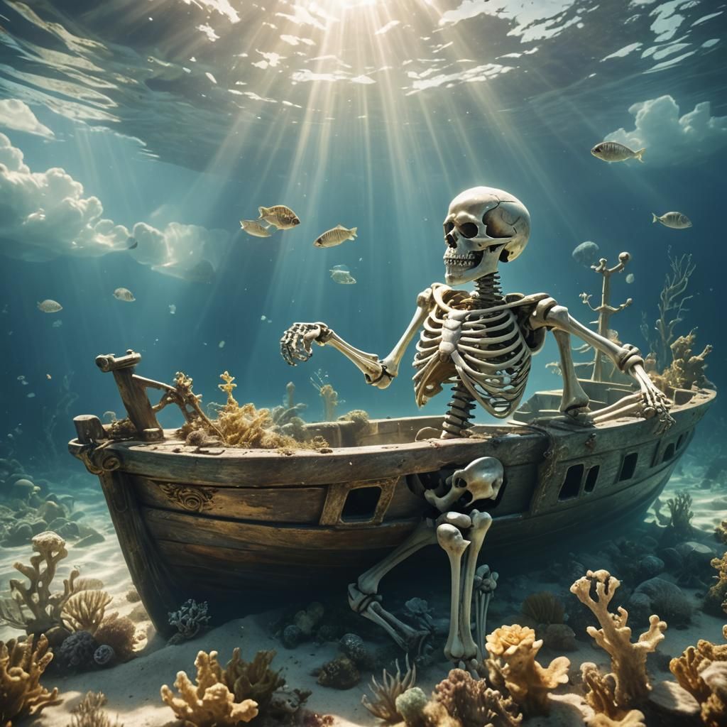 Underwater Shipwreck with Skeleton in Divine Light