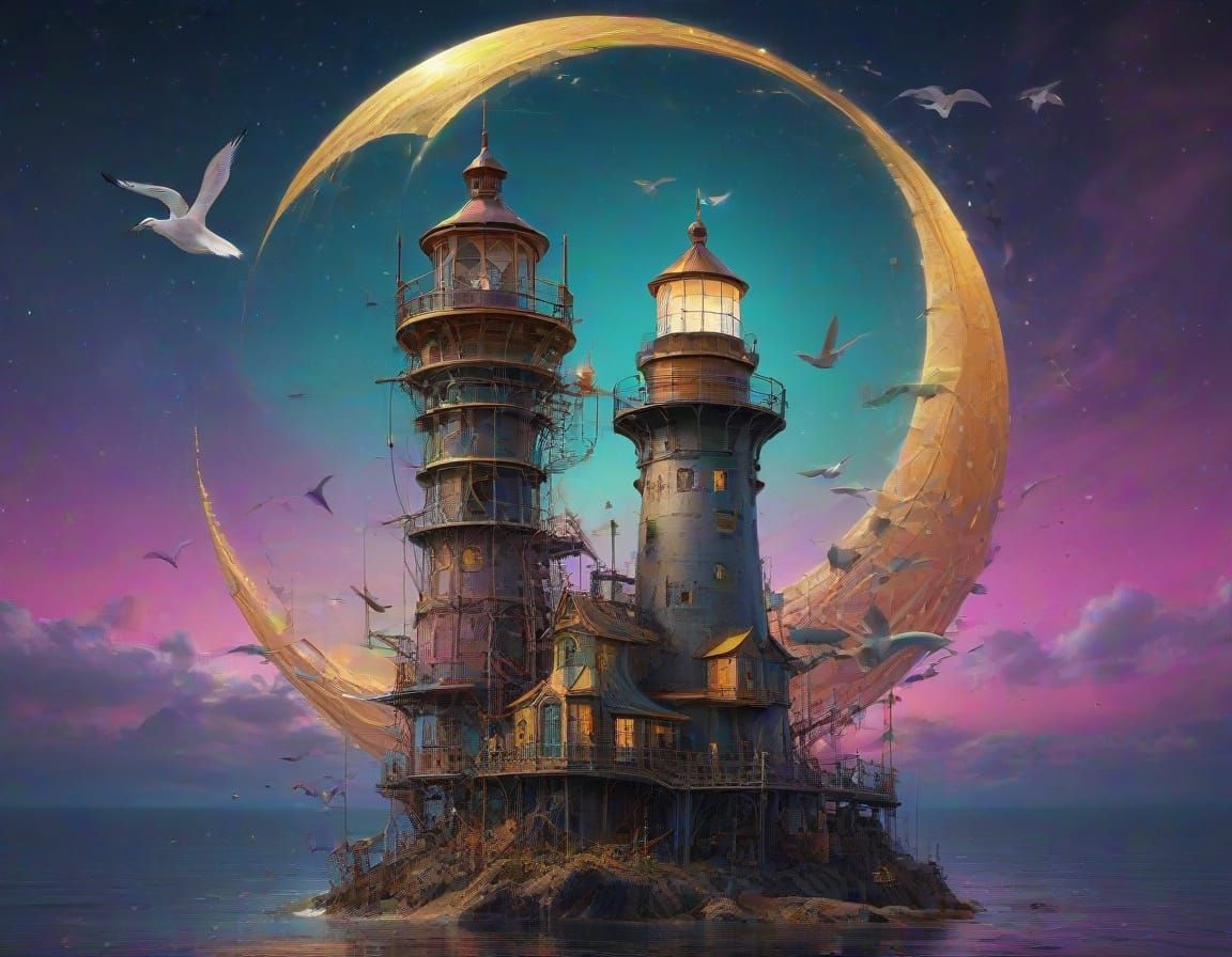 Surreal Steampunk Lighthouse with Celestial Bodies