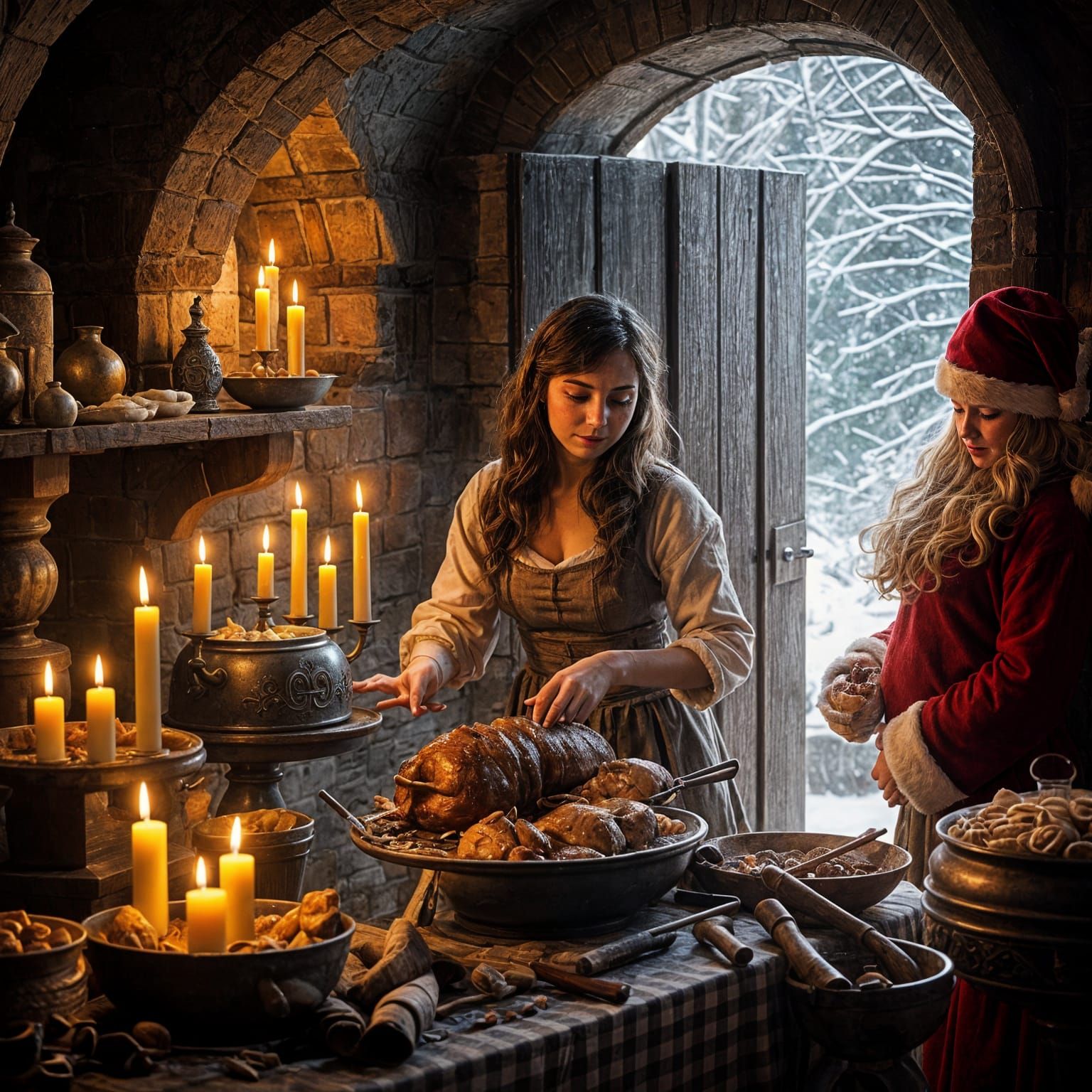 Hyperrealistic Medieval Kitchen Scene with Santa