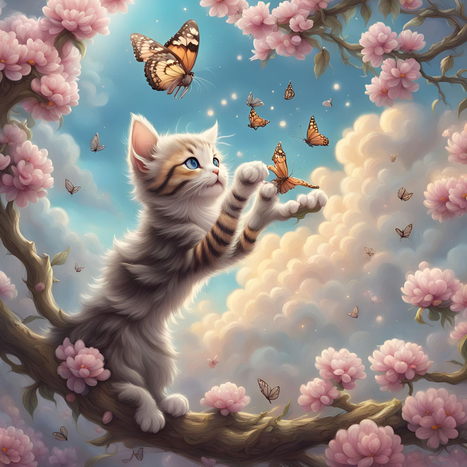 Kitten's Butterfly Chase: Ethereal Fantasy Scene