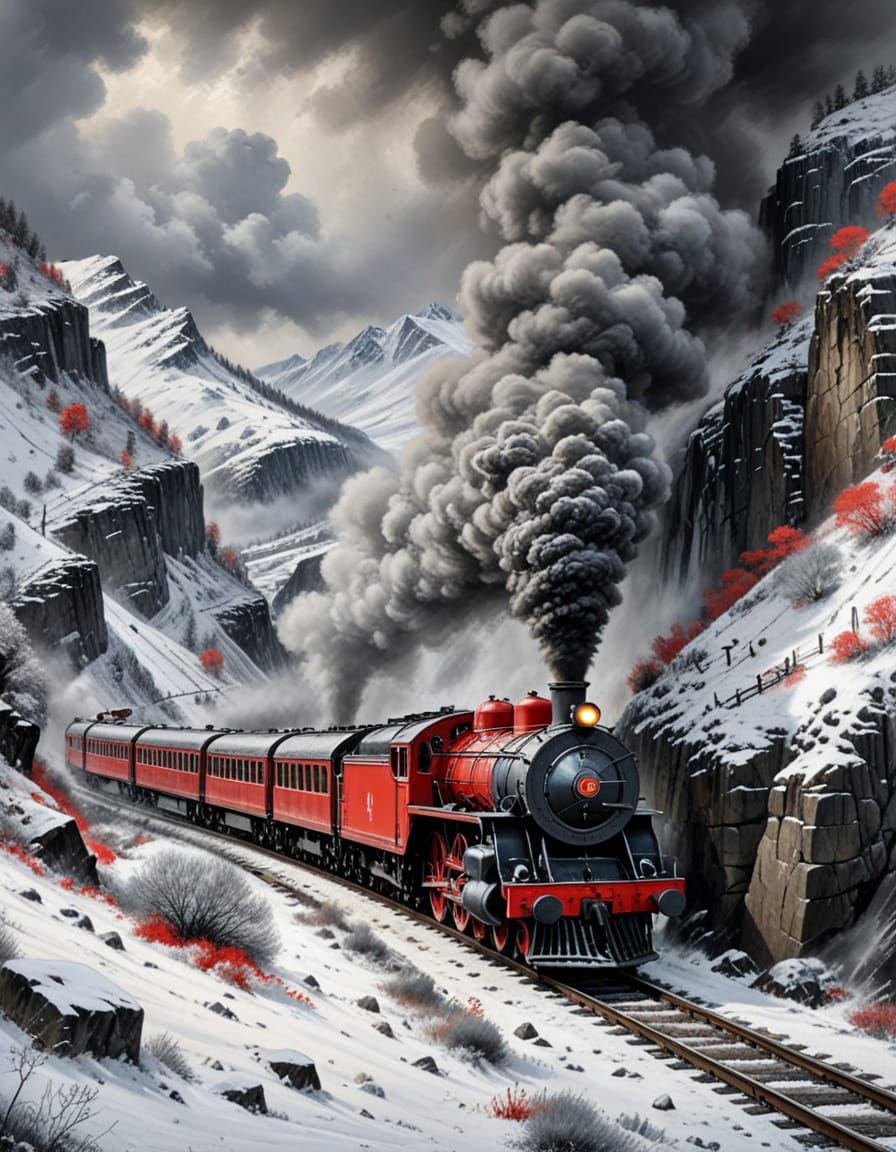 Red Steam Train Emerges from Snowy Mountain Tunnel