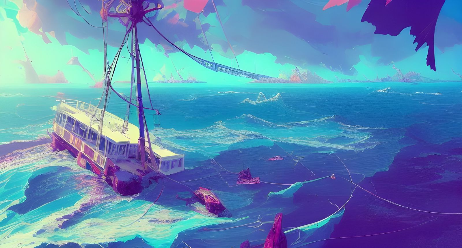 Caribbean Ship in Bay Digital Illustration