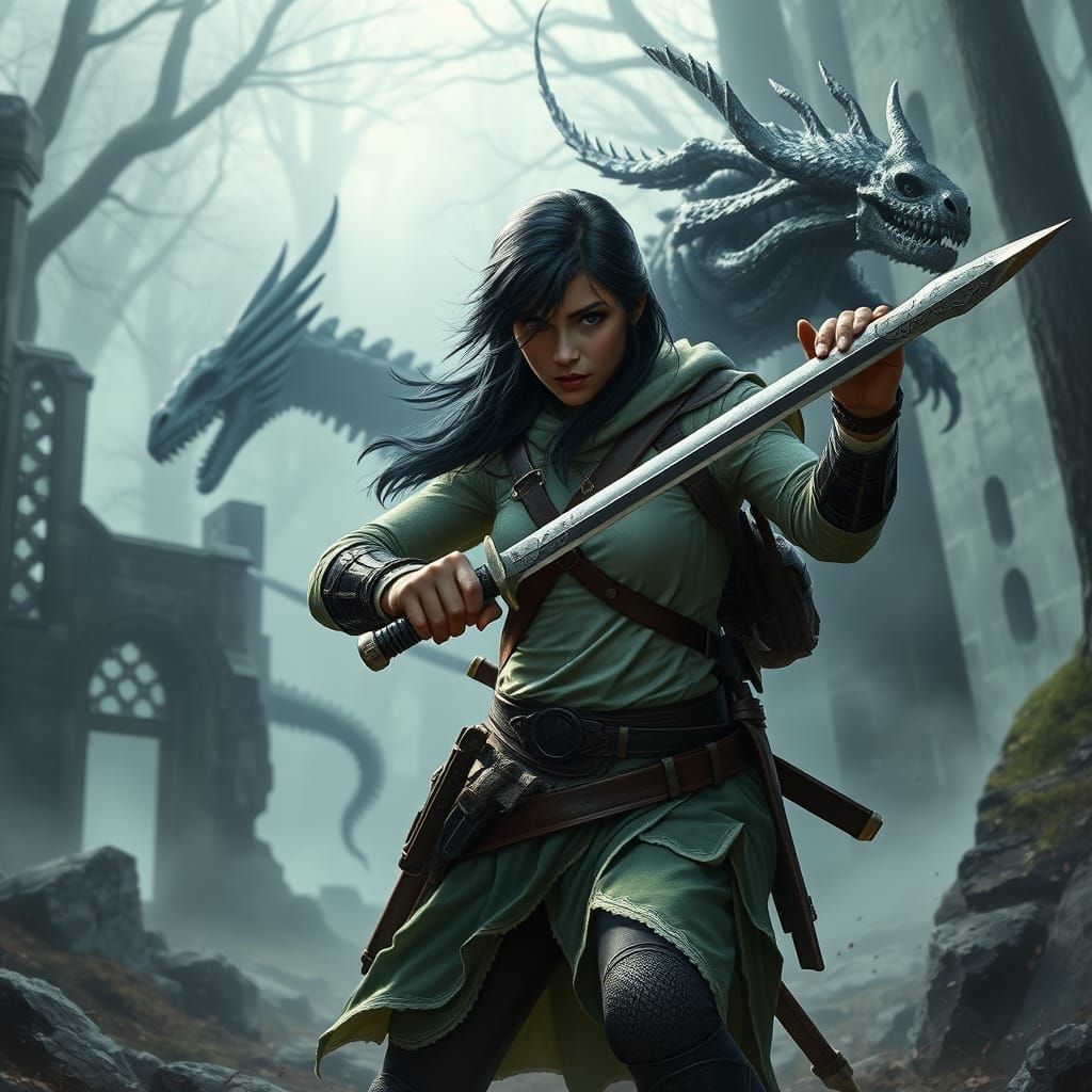 Ethereal Warrior Battles Skeleton Dragon in Mystical Fog