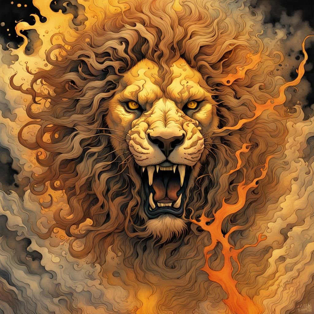 Terrifying Ghost Lion in Liquid Watercolor Style