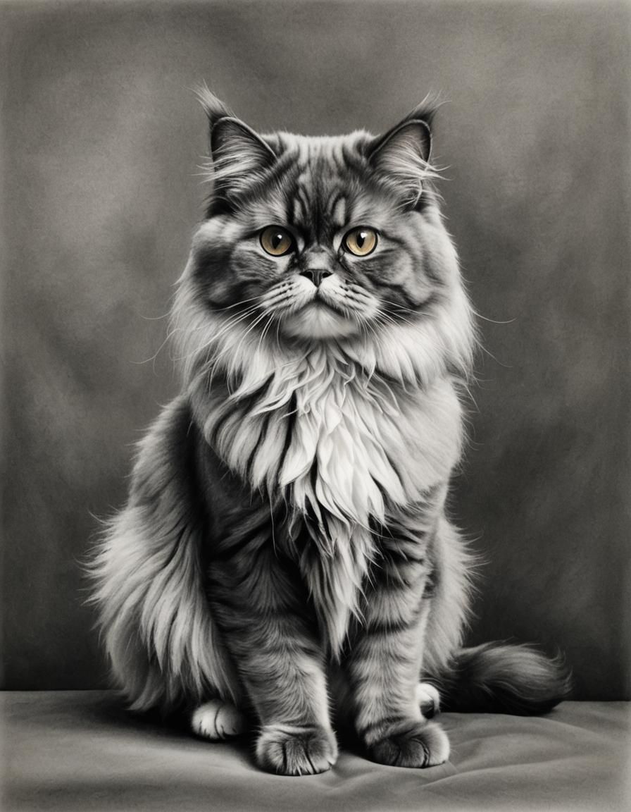 Hyperrealistic Charcoal Drawing of Persian Cat