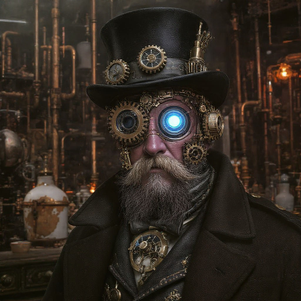 envision a portrait of a steampunk inventor, his face distor...