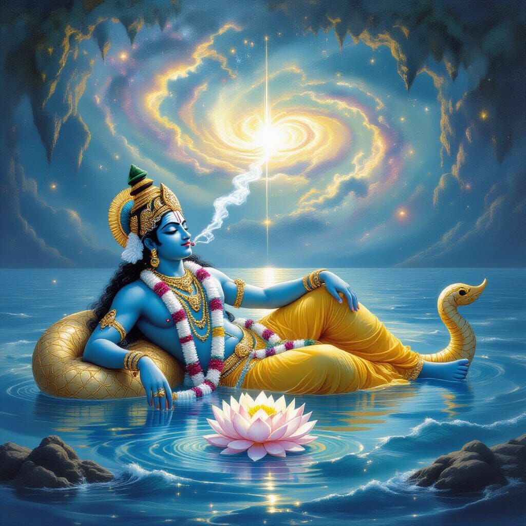 Cosmic Vishnu Resting on Sheshnag in Ocean of Milk