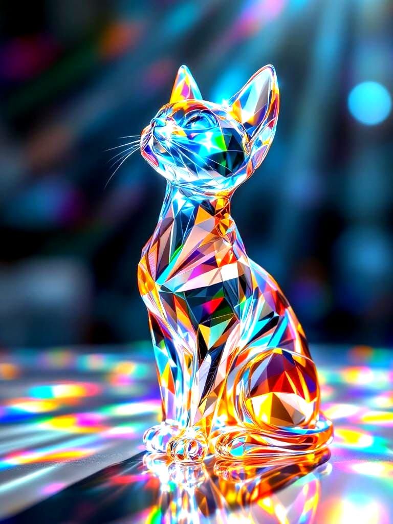 Elegant Glass Cat Figurine with Rainbow Light