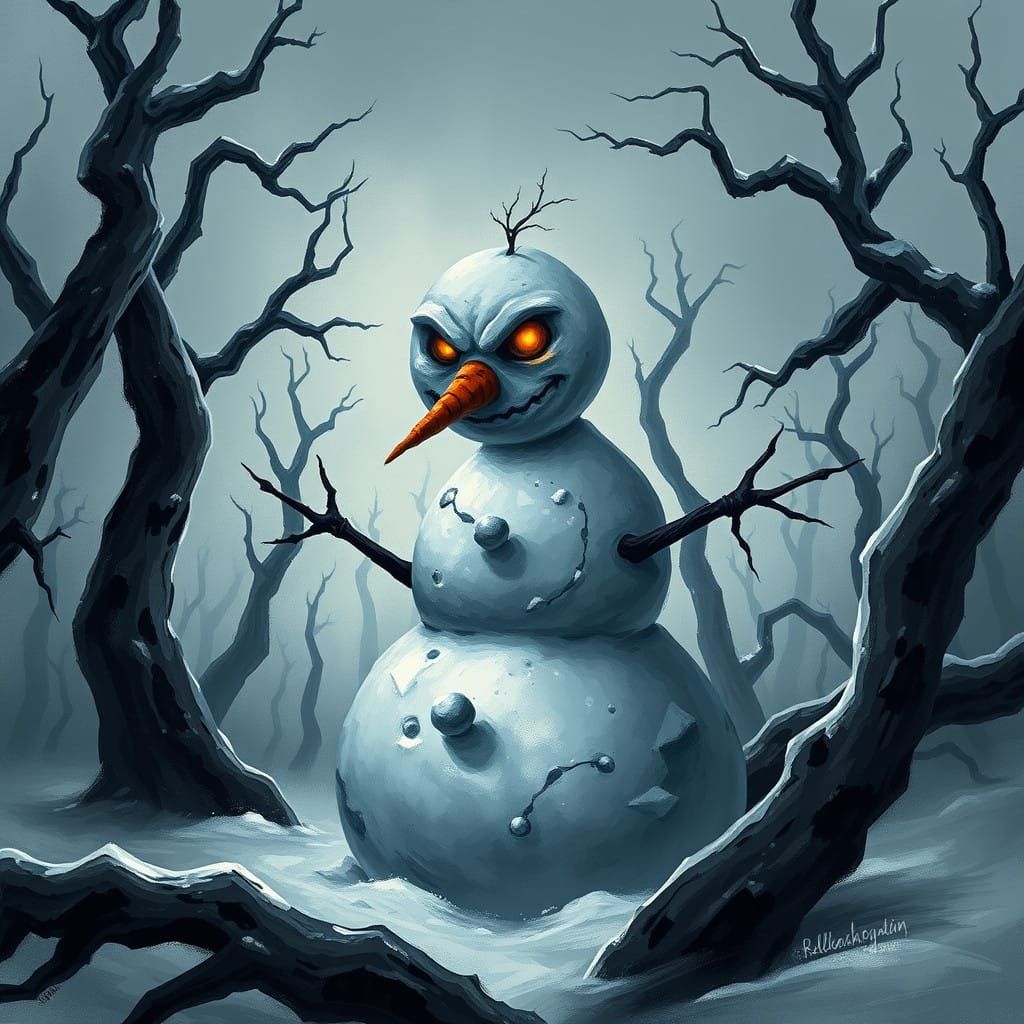 Gothic Snowman in a Haunting, Dark Winter Landscape