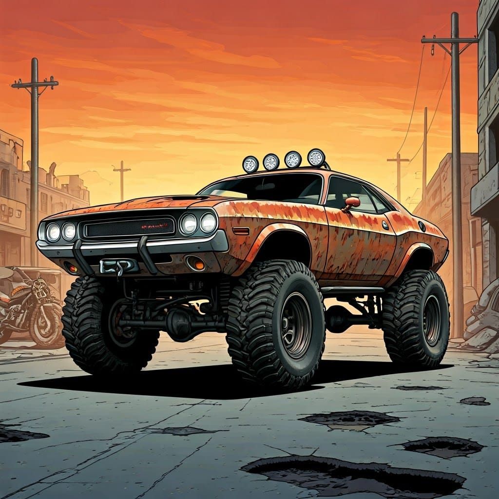 Post-Apocalyptic 1969 Dodge Challenger Illustration