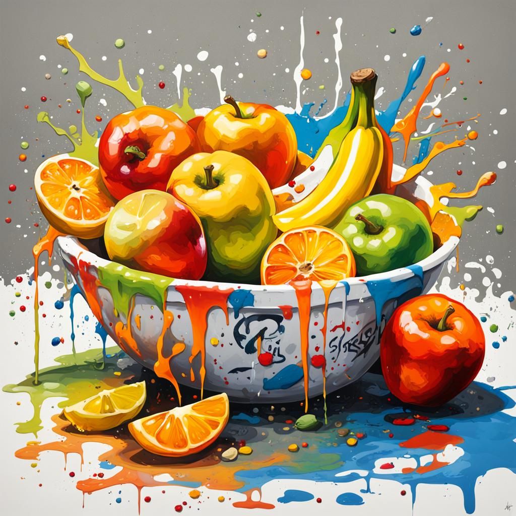 white ceramic bowl, apples, banana, orange, lemon, pepper, c...