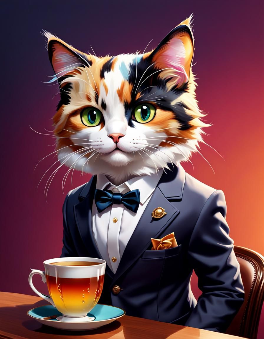Calico Kitty Sipping Tea: Hyperrealistic Concept Art