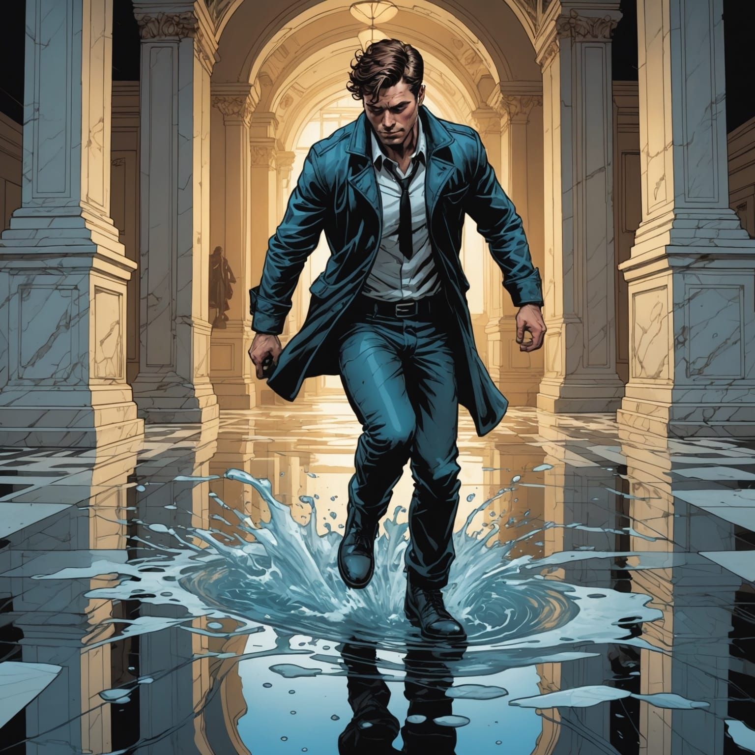 Man Slips on Puddle in Comic Book Art Style