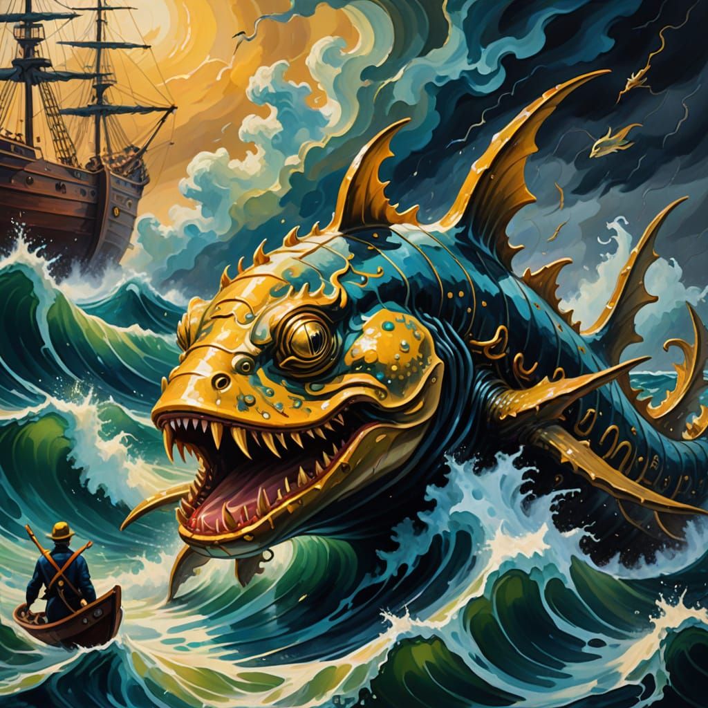 Surreal Sea Creature Protecting Sailors in Gouache Style