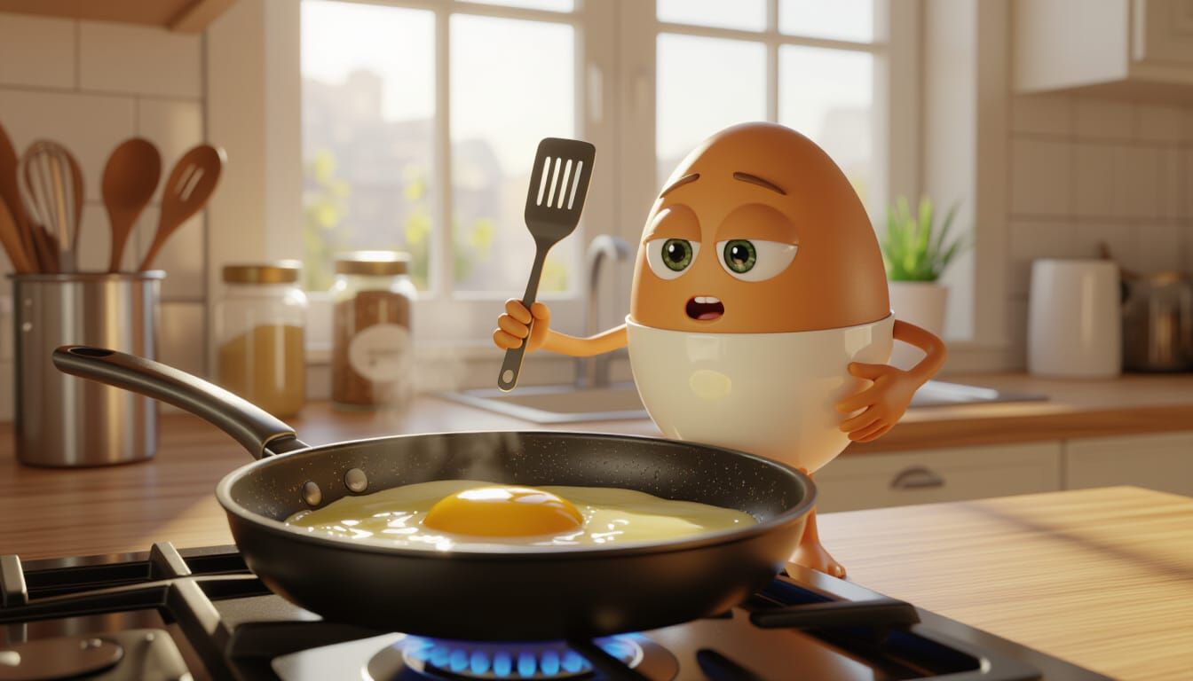 Anthropomorphic Egg Cooks Breakfast in Photorealistic Kitche...