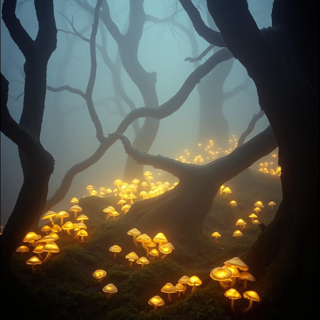 Foggy Enchanted Forest with Glowing Mushrooms