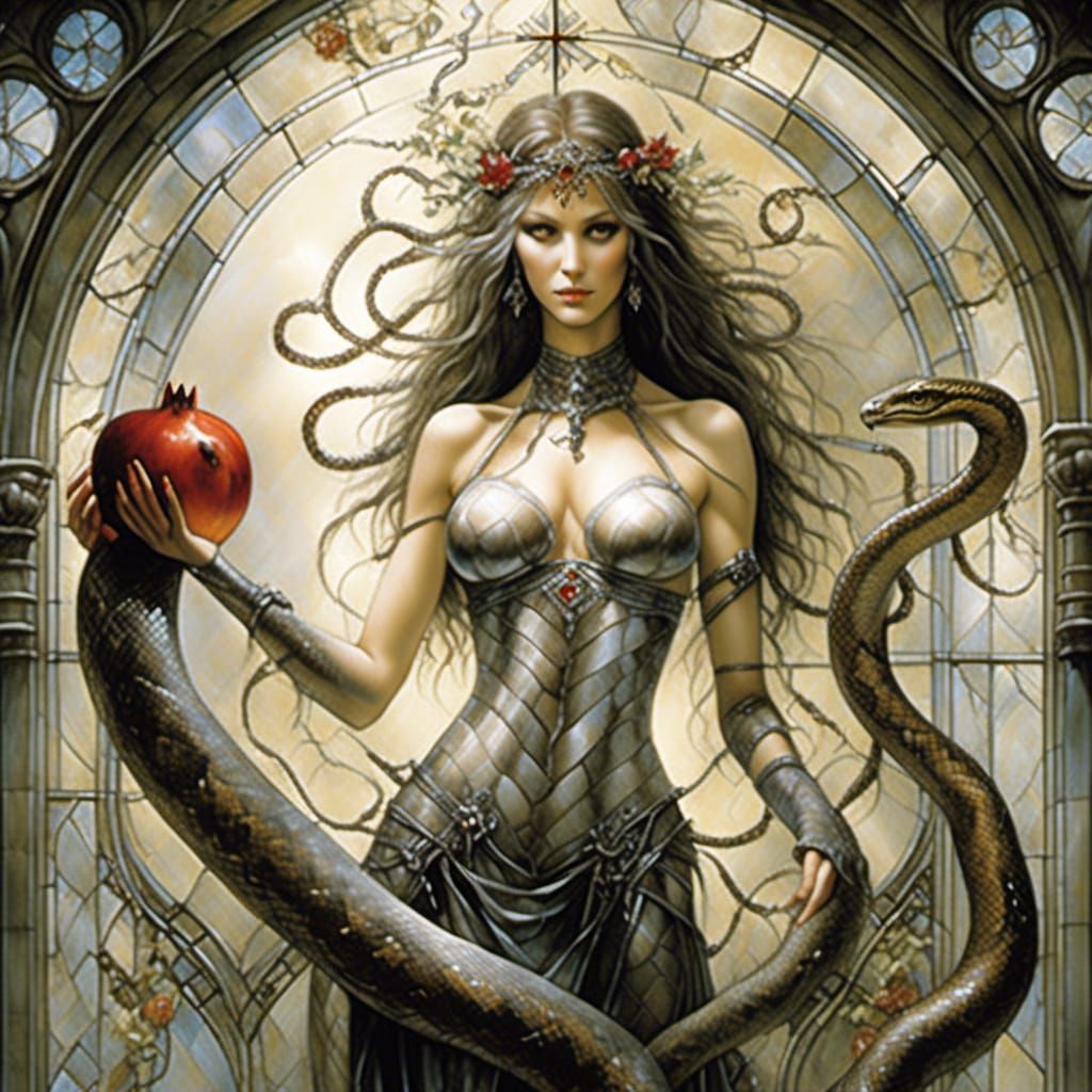 Stained Glass Snake, Pomegranate, and Woman