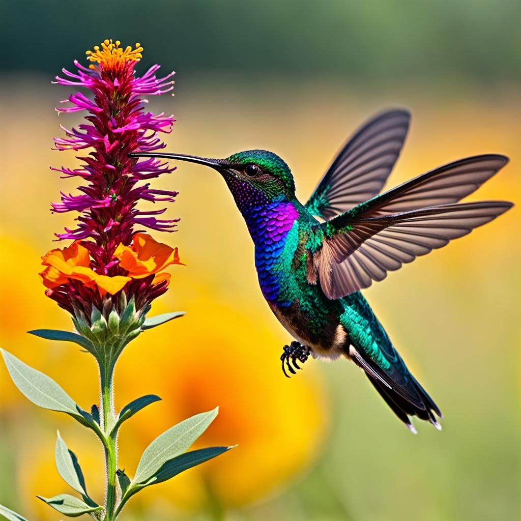 Colorful Hummingbird Feeds on Flower in Field
