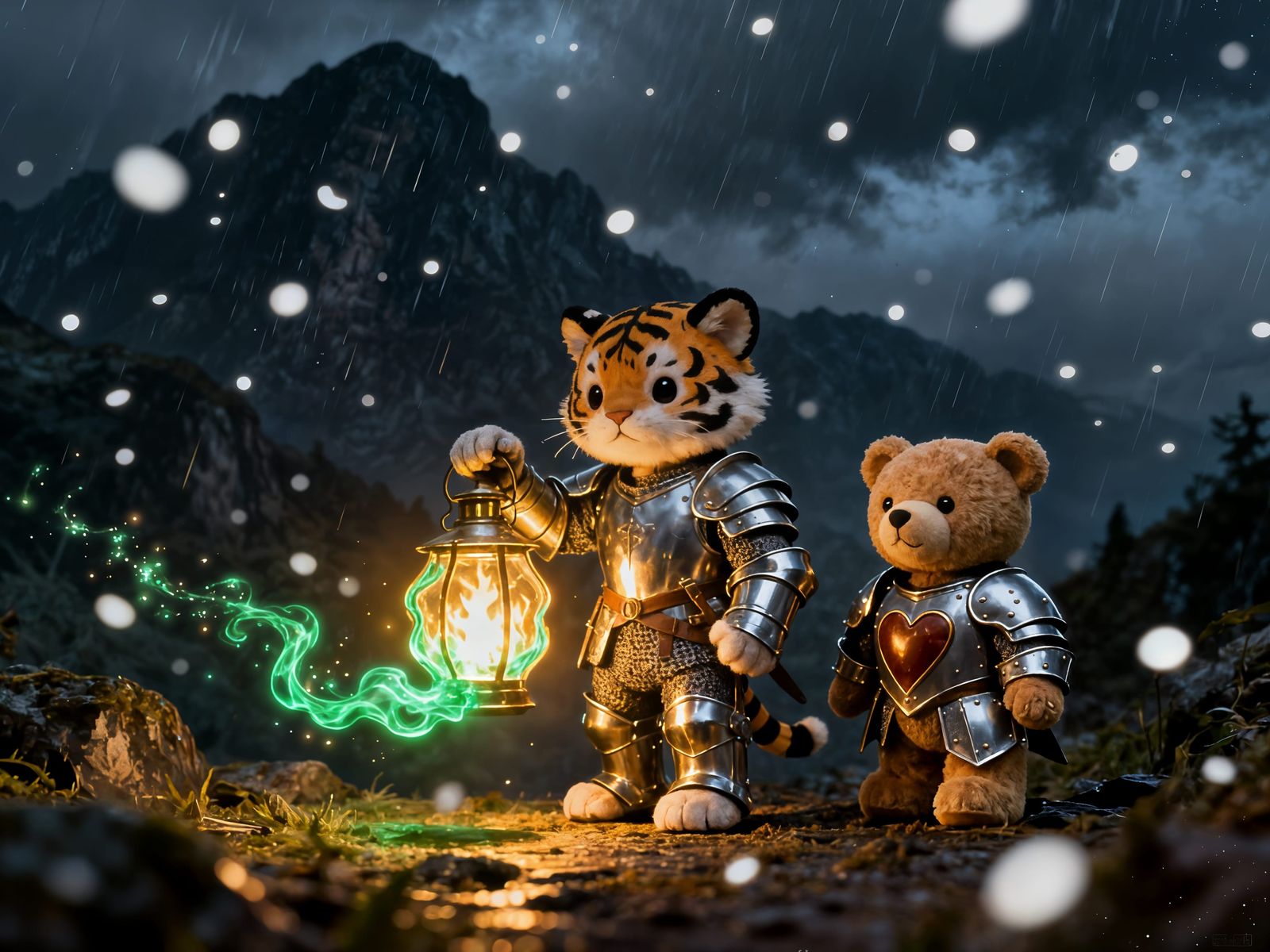 Cute Tiger Knight with Magical Lantern in Gloomy Mountains