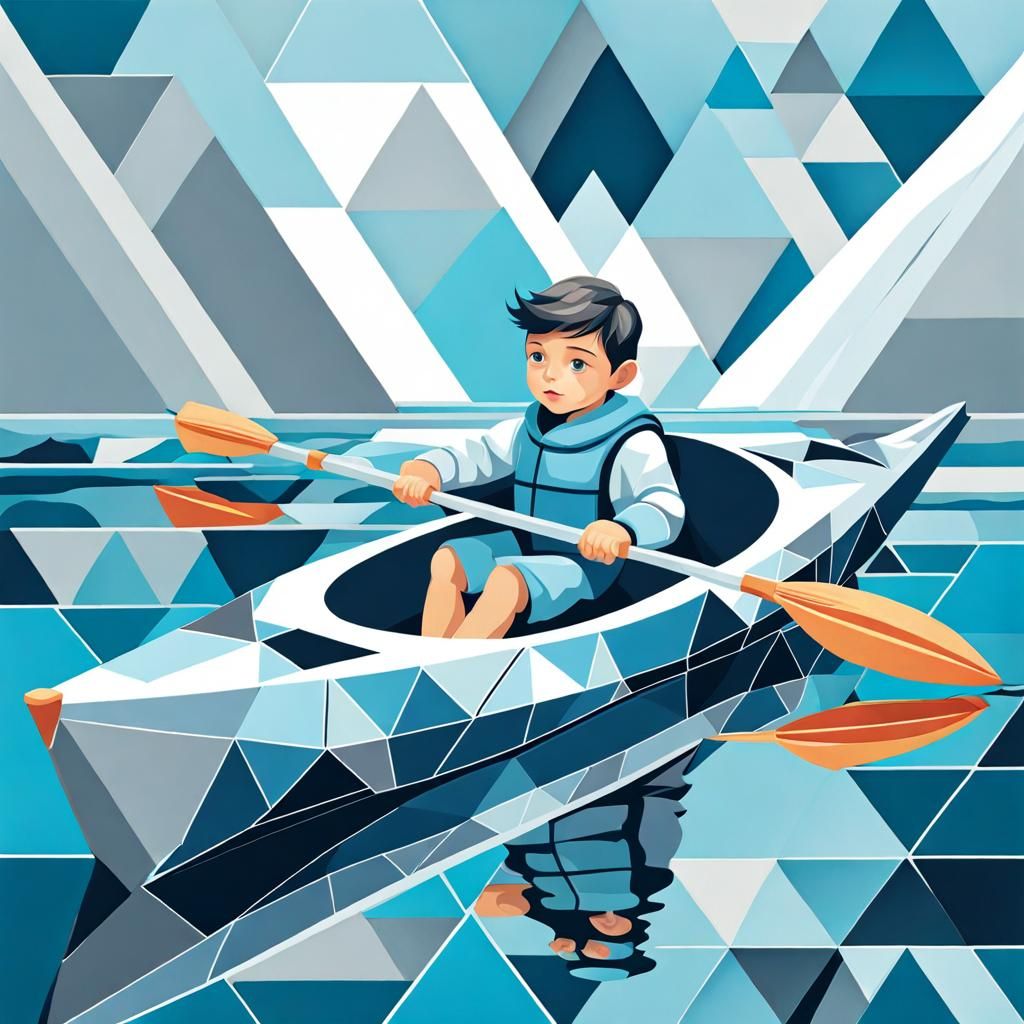 Whimsical Boy in Sea Kayak, Cubist Illustration
