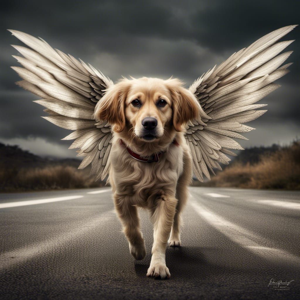 Hyperrealistic Winged Dog in Cinematic Style