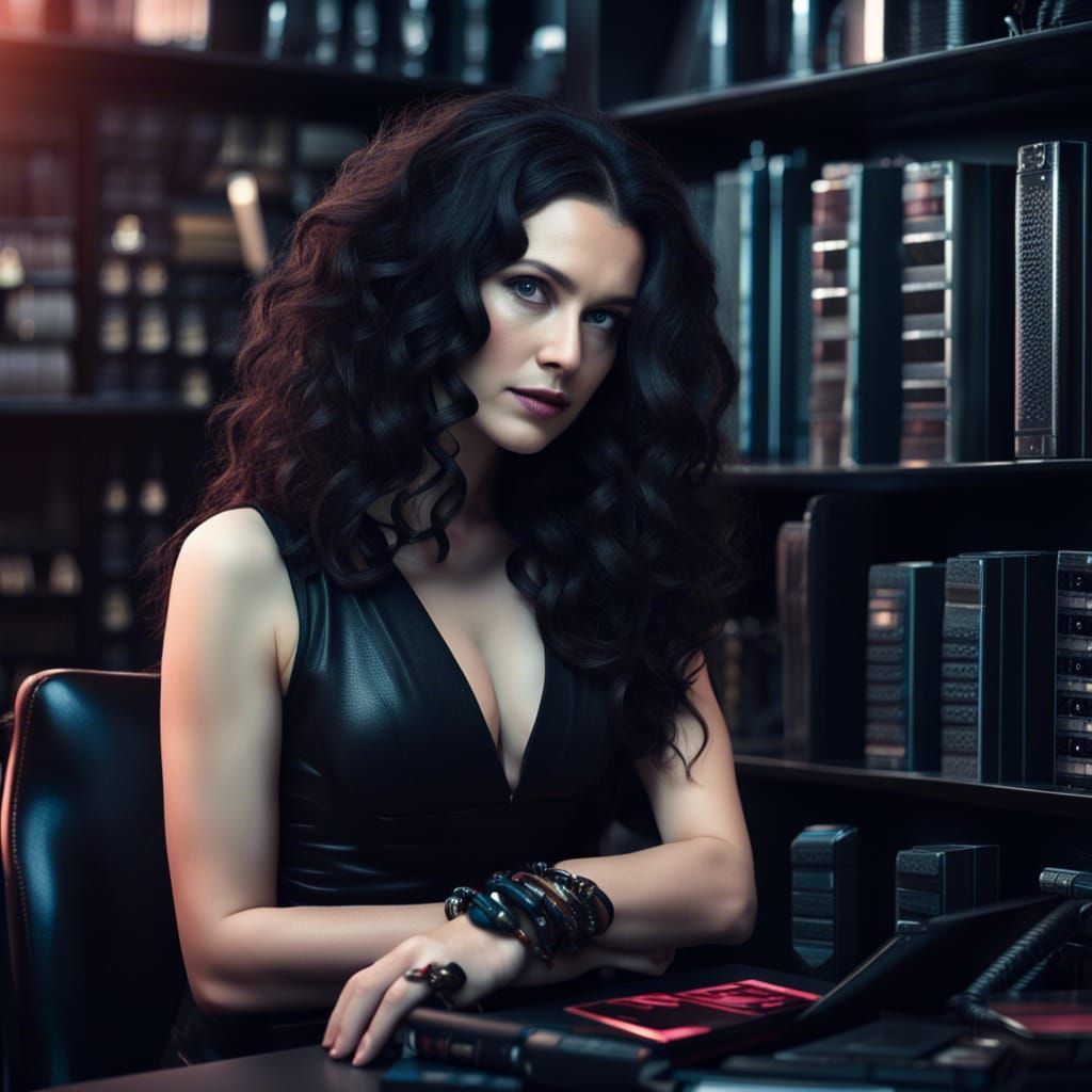 Cyberpunk Woman in Futuristic Bookstore with Neon Lights