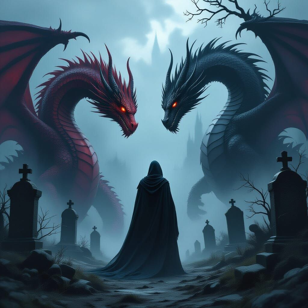 Mysterious Hooded Figure with Dragons in Misty Graveyard
