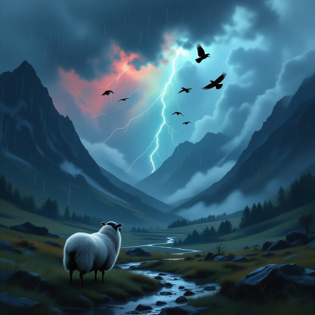 Ominous Valley Landscape with Sheep and Ravens