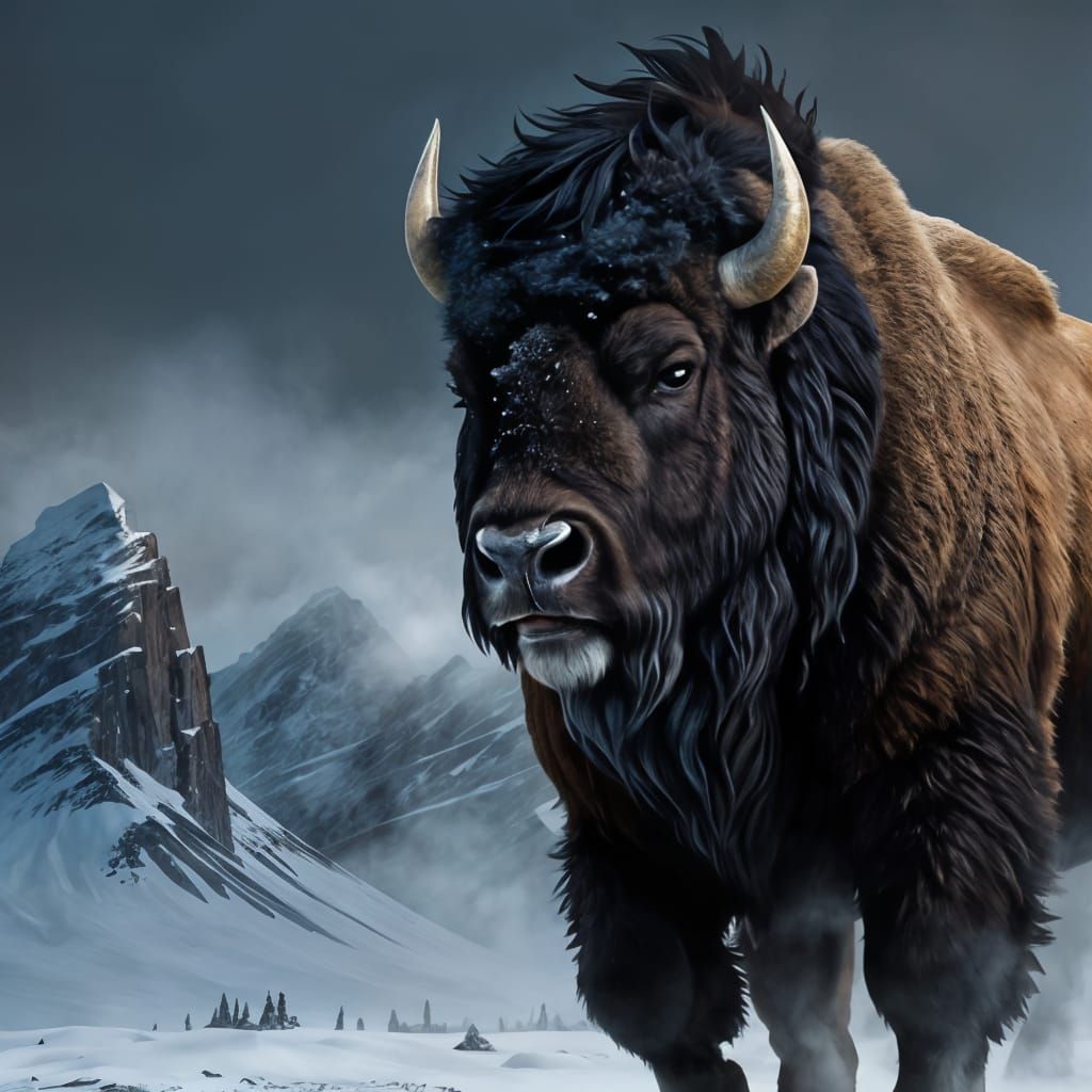 Bison in Yukon Snowstorm: Hyperrealistic Arctic Landscape