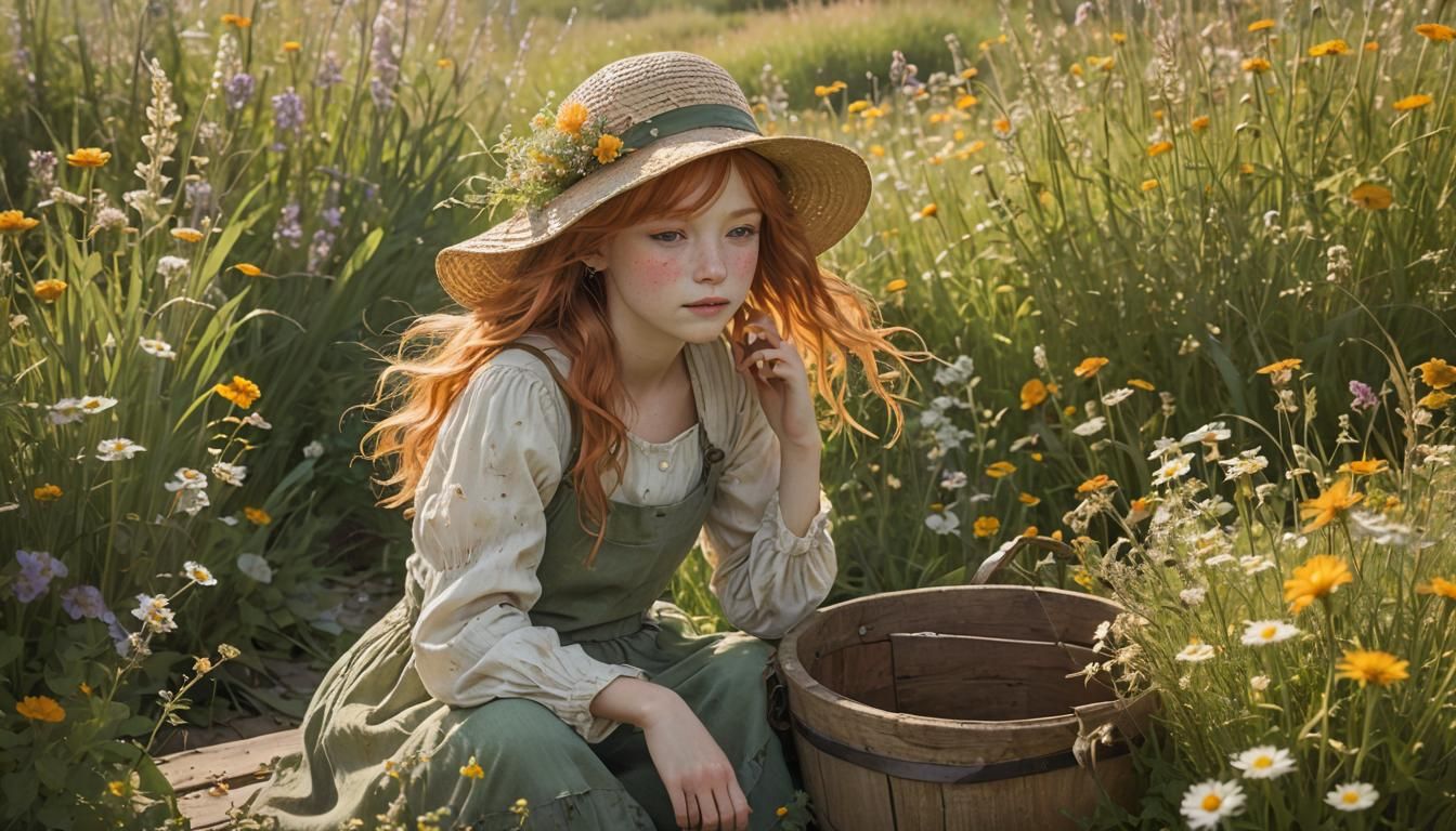 Whimsical Girl in Wildflower Meadow, Watercolour Art