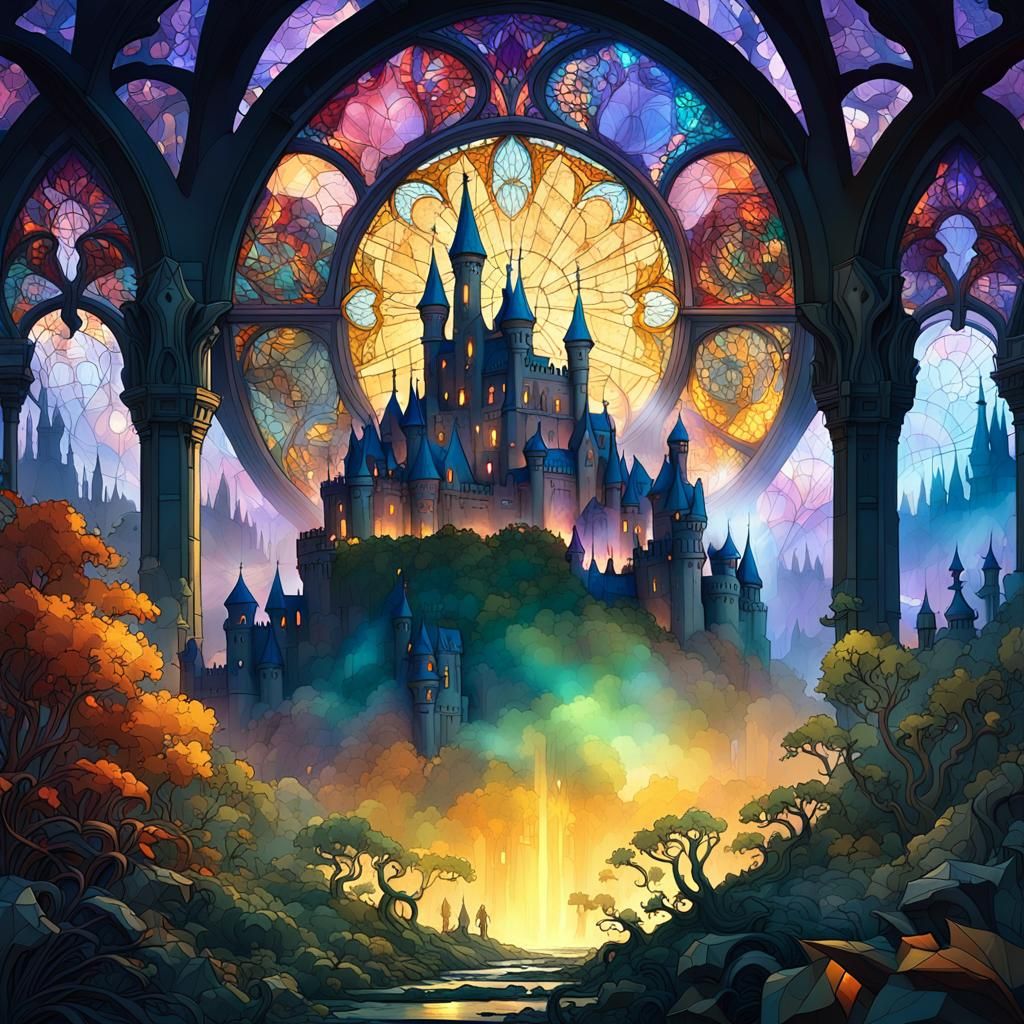 Dark Fantasy Castle Overlooking Forest City