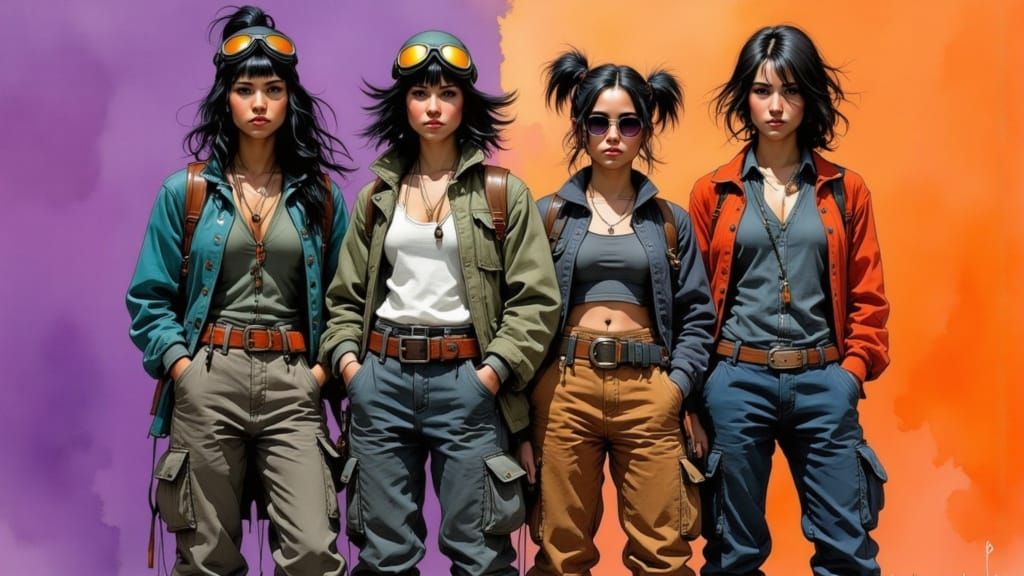 <lora:Nivis:1.0> fantasy scene ::  A highly stylized, digitally painted group portrait of four gritty & diverse urban La...