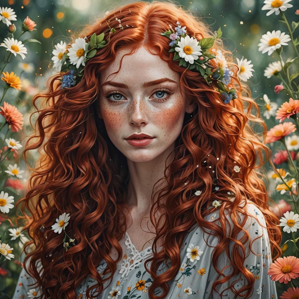 Radiant Redhead Portrait with Curly Hair and Bokeh