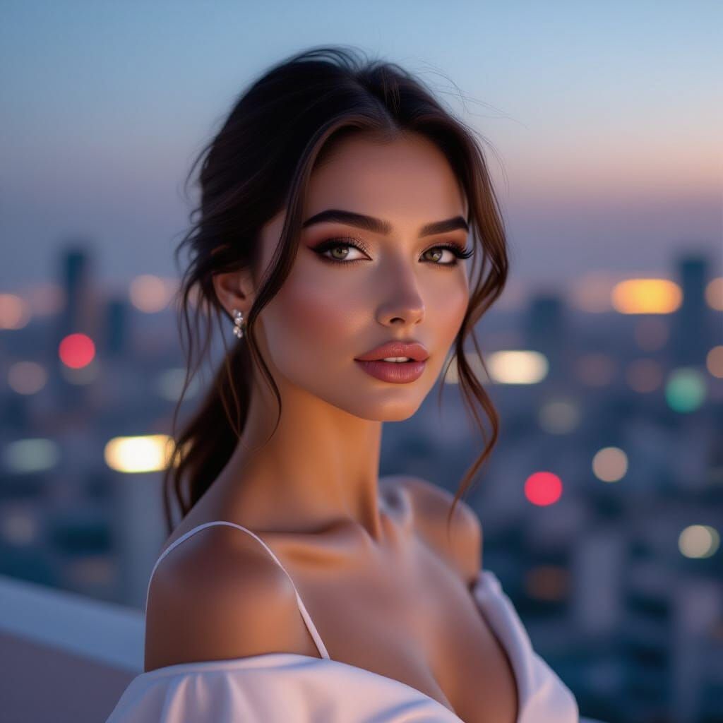 Woman in Gelatinous Garment on Tall Building, Neon Cityscape