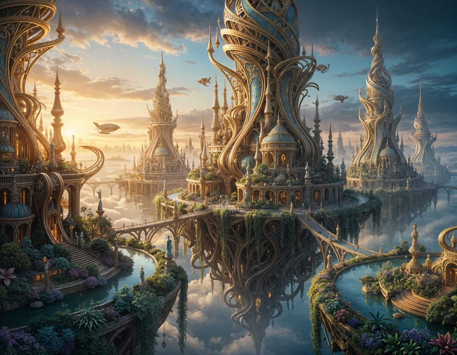 Neo-Baroque Skycity at Dawn with Gilded Towers and Floating ...