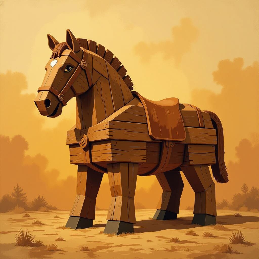 Rustic Wooden Trojan Horse in Folk Art Style