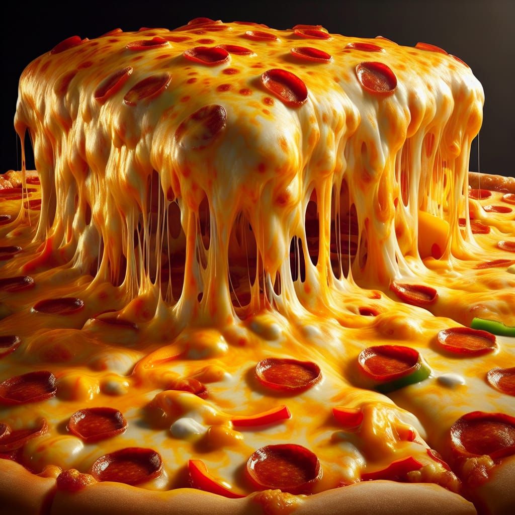 Extreme Close-Up of Overflowing Cheesy Pizza